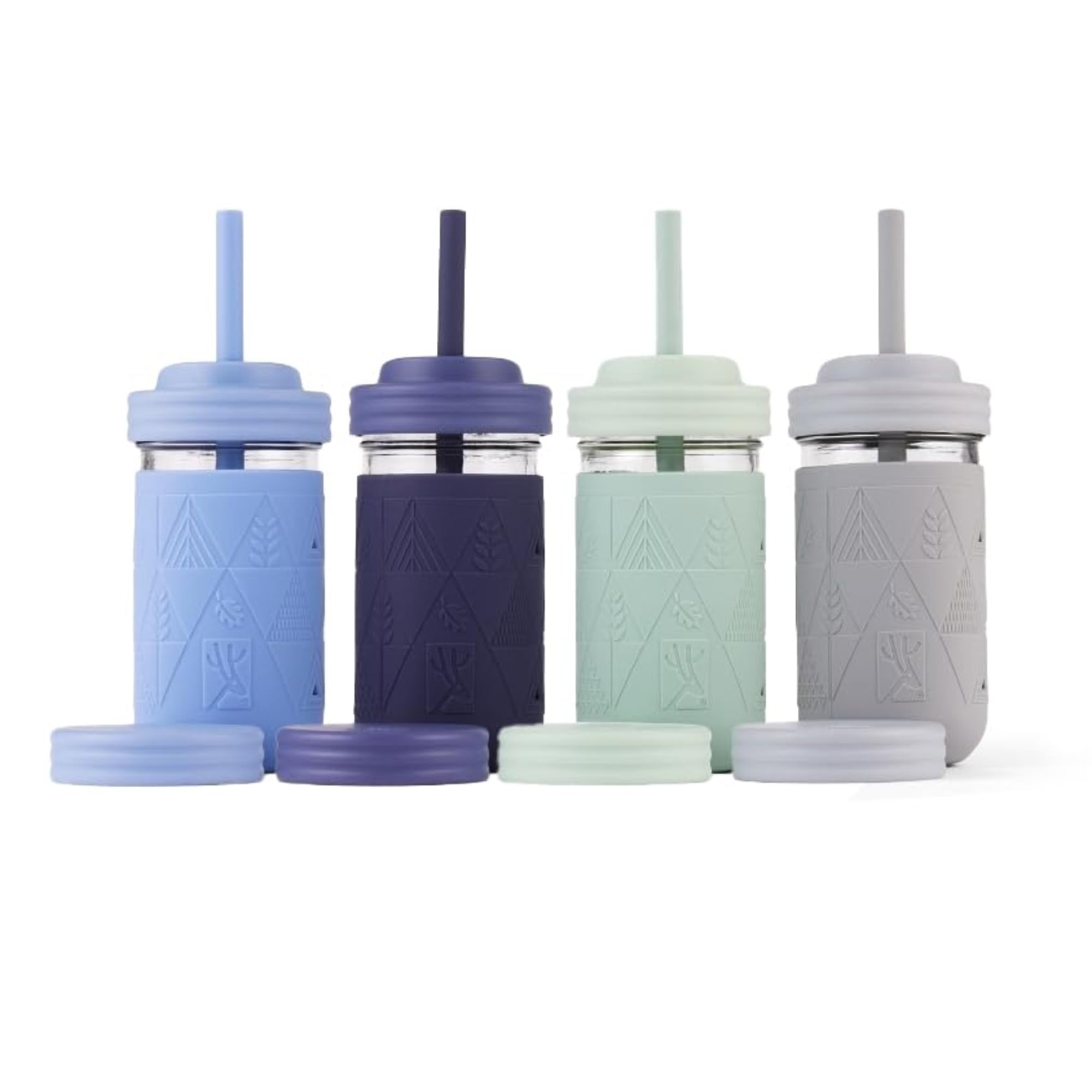 Elk and Friends Kids & Toddler Cups | The Original Glass Mason jars 12 oz with Silicone Sleeves & Silicone Straws | Smoothie Cups | Spill Proof Cups