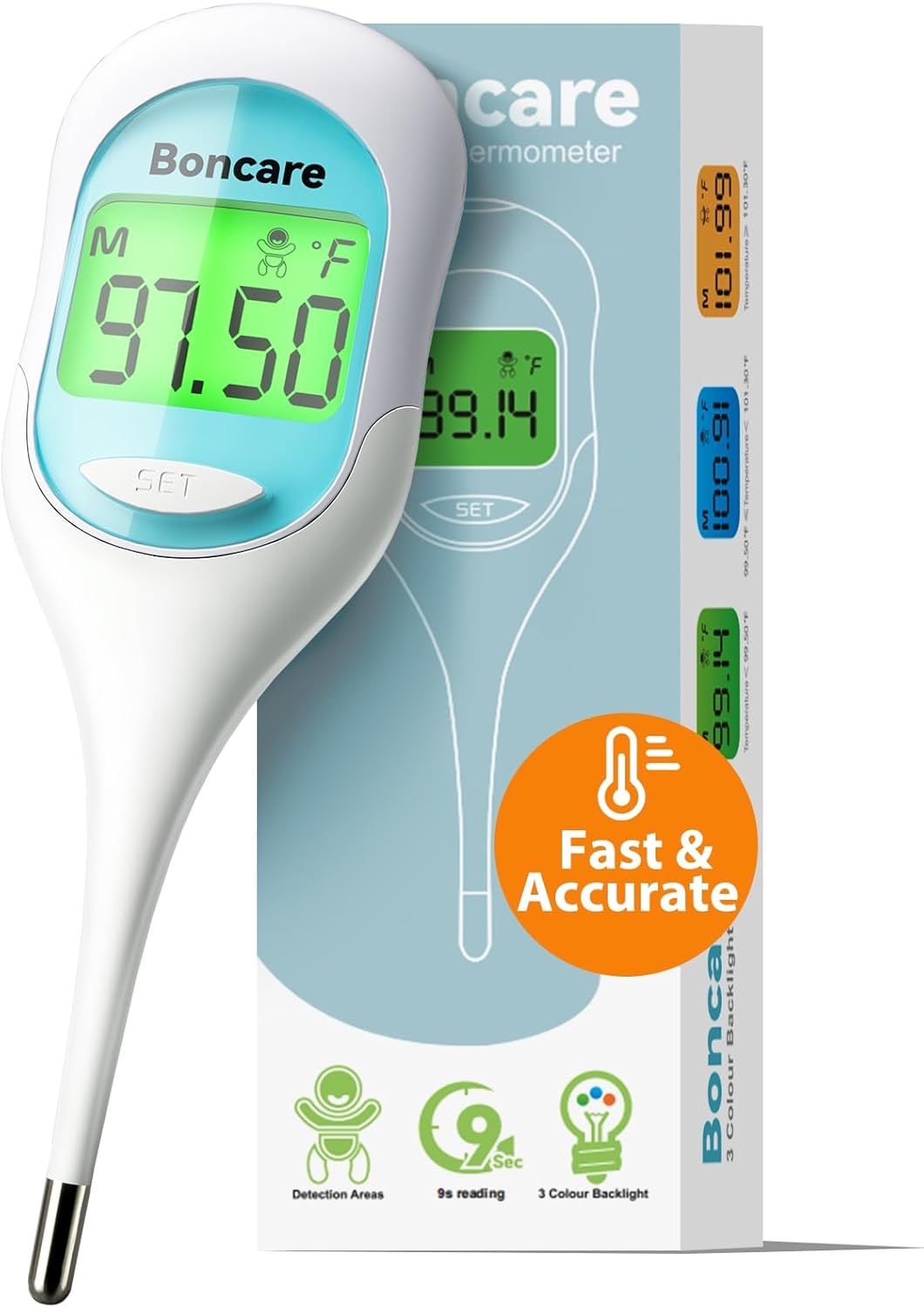 Boncare 9 Seconds Digital Basal Thermometer for Adults and Youngsters – Correct Oral Thermometer with Fever Alarm, Rectal Thermometer for Child with Giant Show (Blue)