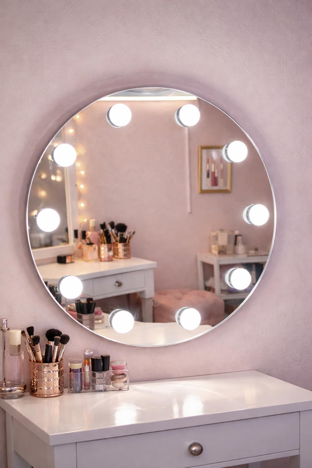 SANIF® Round Vanity Mirror with Lights, 24'' x 24'' Wall-Mounted Hollywood Vanity Mirror with 10 Bulb Professional Makeup Mirror (Dimmable, 3 Colors) Smart Touch Control,-picture-39
