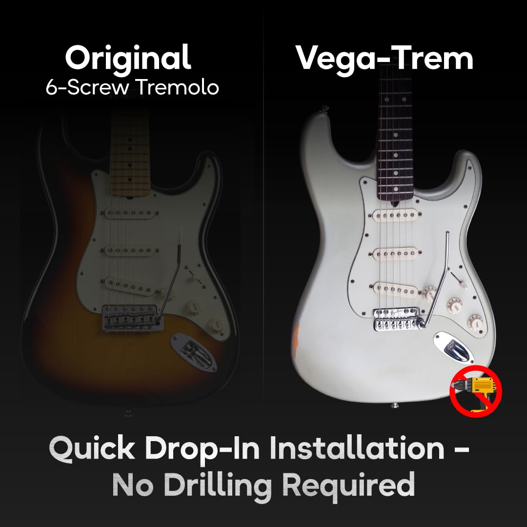 Vega-Trem VT1 - Ponte tremolo per chitarra Stratocaster standard speciale a 6 viti, per Stratocaster, senza mod, facile installazione (lucido, destro)