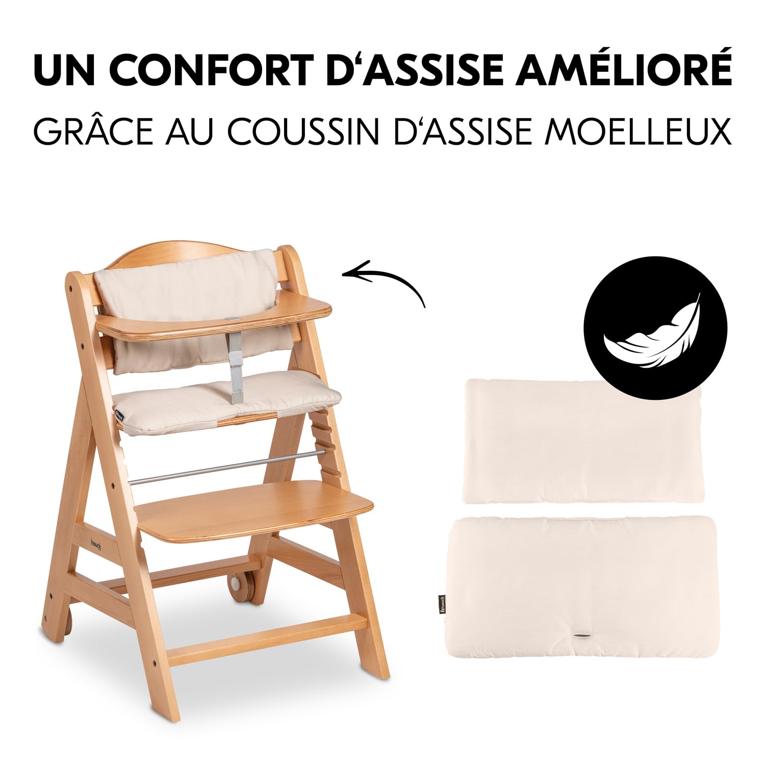 Chaise Haute Bébé Evolutive Beta+ Bois Naturel 6 Mois à 90 kg avec Roulettes et Harnais 5 Points