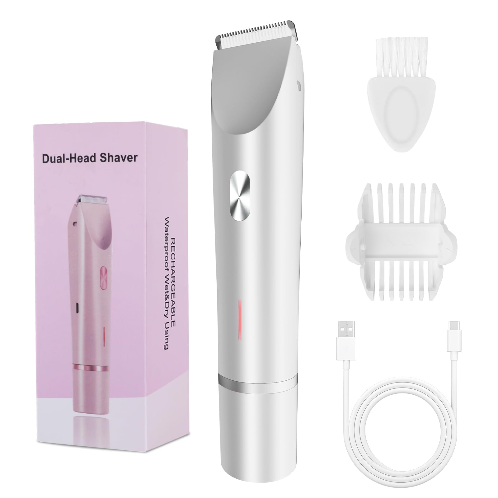 Photo 1 of 2-in-1 Bikini Trimmer for Women, Bikini Shaver with Dual Heads, Body and Facial Hair Removal, Rechargeable Cordless Electric Razors for Face Chin Pubic Underarm Legs, IPX7 Waterproof, White