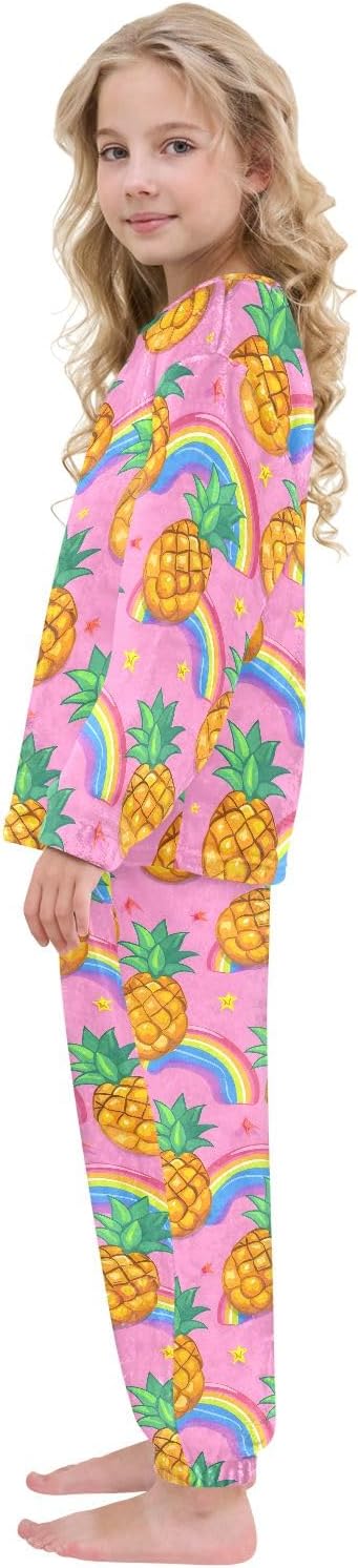 Kids Flannel Sets Pineapple Rainbow Hand Drawn Warm Plush Relaxed Clothing for Boys and Girls
