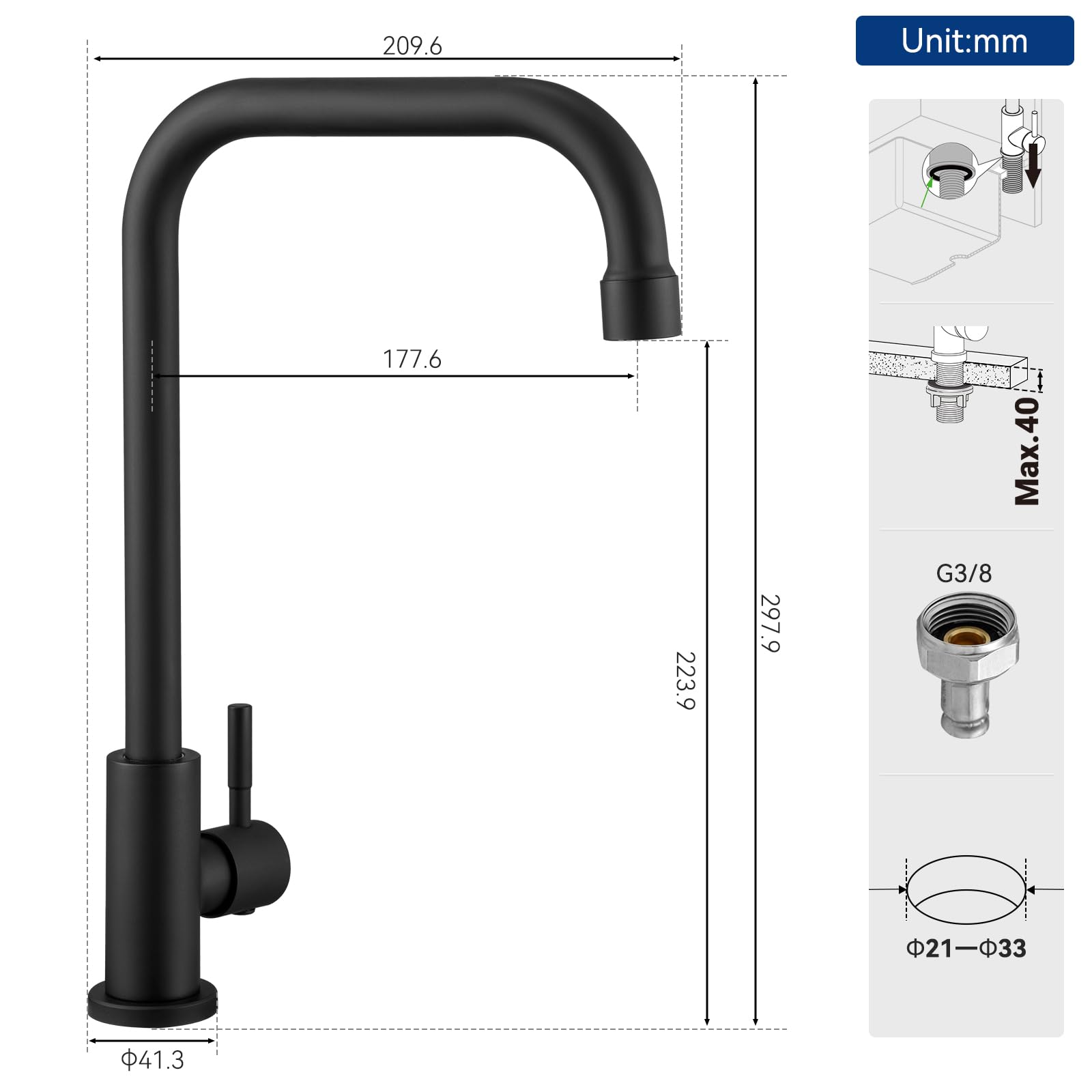CECIPA Kaltwasserhahn, 360° Drehbarer Wasserhahn Kaltwasser, Edelstahl Kaltwasser Armaturen für Küche, Gäste WC, Garten, Wohnmobil, Schwarz | Kaltwasserhahn, 360° Drehbar, Austauschbarer Luftsprudler, DVGW Zertifiziert, Keramikkartusche, Garten, Wohnmobil