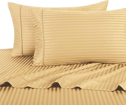 Full Size Sheets, Gold, 100% Cotton Sheets, Deep Pocket, Cool Cotton Sateen, Smooth Striped Pattern Weaved Bed Sheets