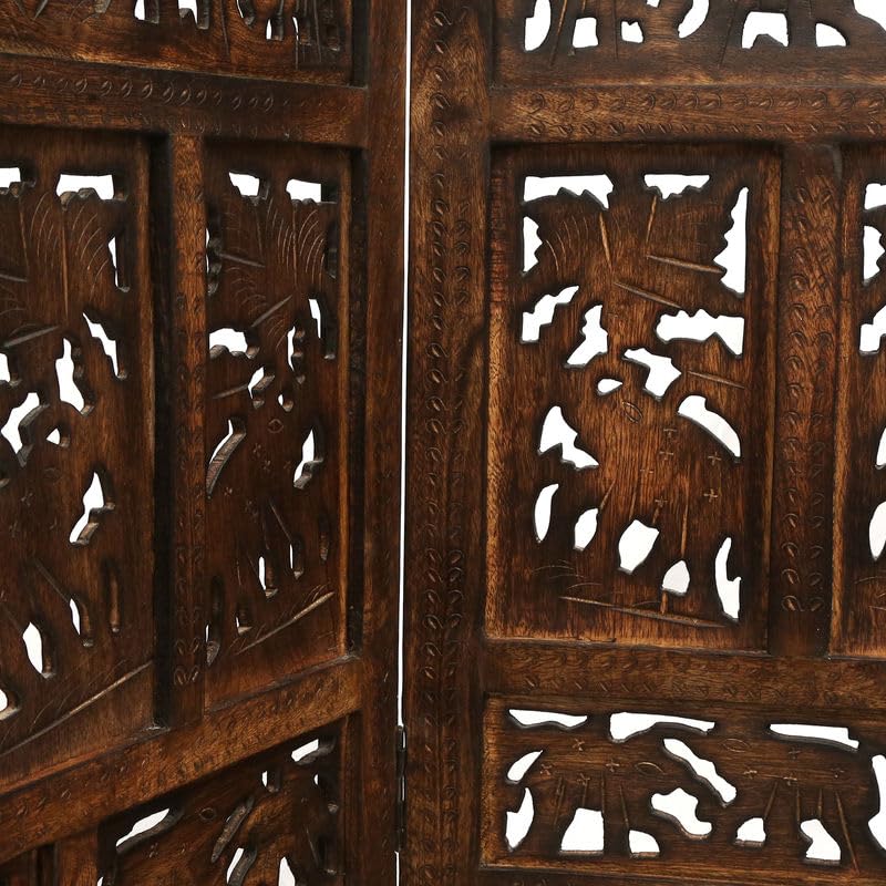 Image of Home & Goods International Wooden Room Divider Partition - Foldable Wood Screen Separator for Living Room, Bedroom, Office, Restaurant || Elephant Design - 4 Panel (Brown)