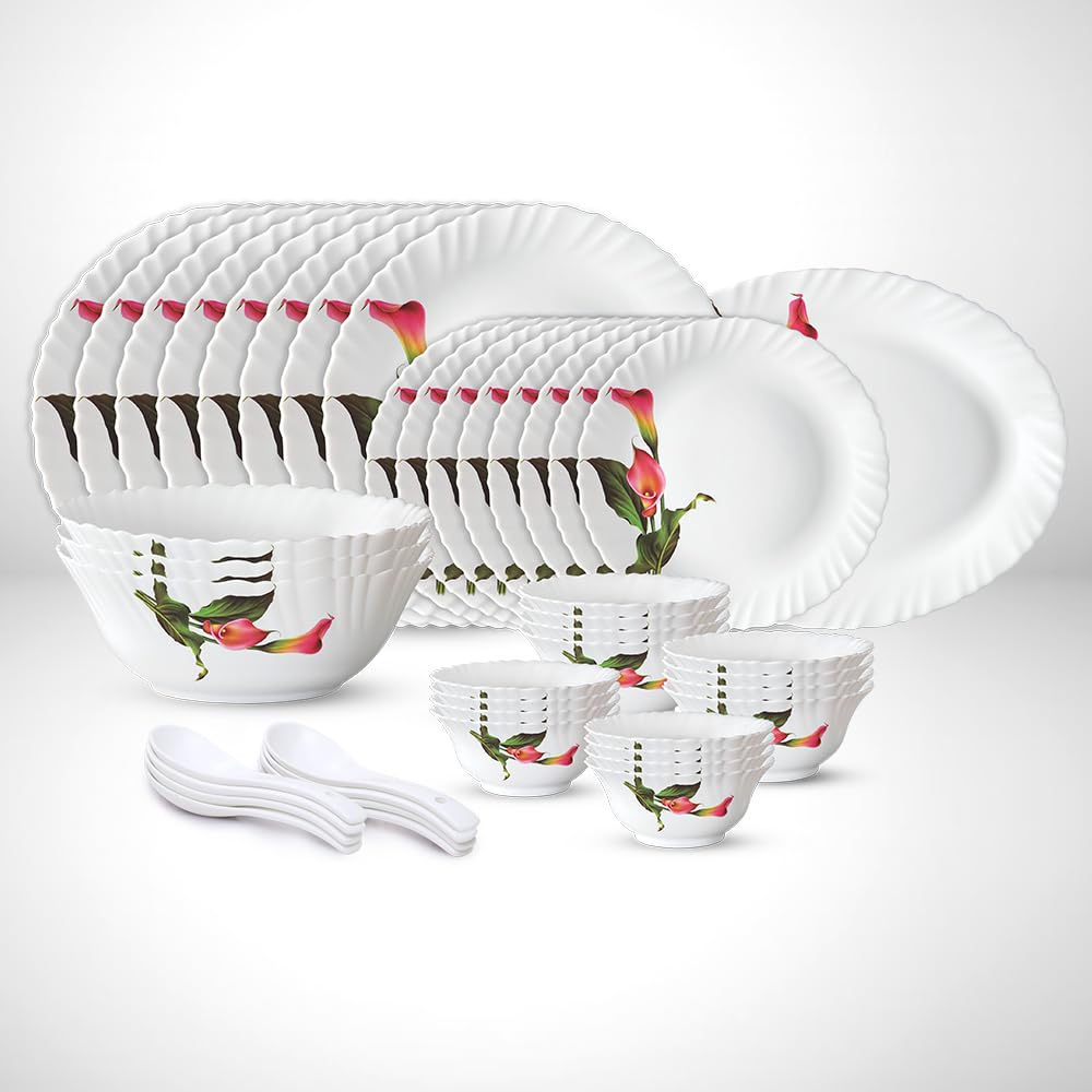 Larah by Borosil Stargazer Fluted Series Opalware Dinner Set | 44 Pieces for Family of 8 | Microwave & Dishwasher Safe | Bone-Ash Free | Crockery Set for Dining & Gifting | Plates & Bowls | White