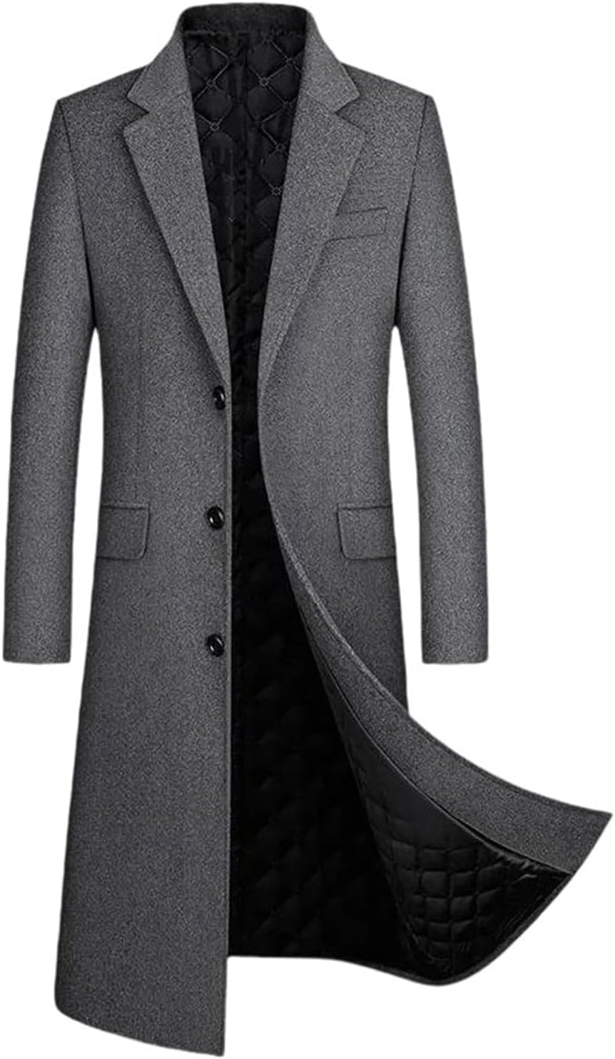 Men’s Winter Wool Jacket Casual Thick Cotton Padded Overcoat Business Formal Long Outerwear Wool Coat
