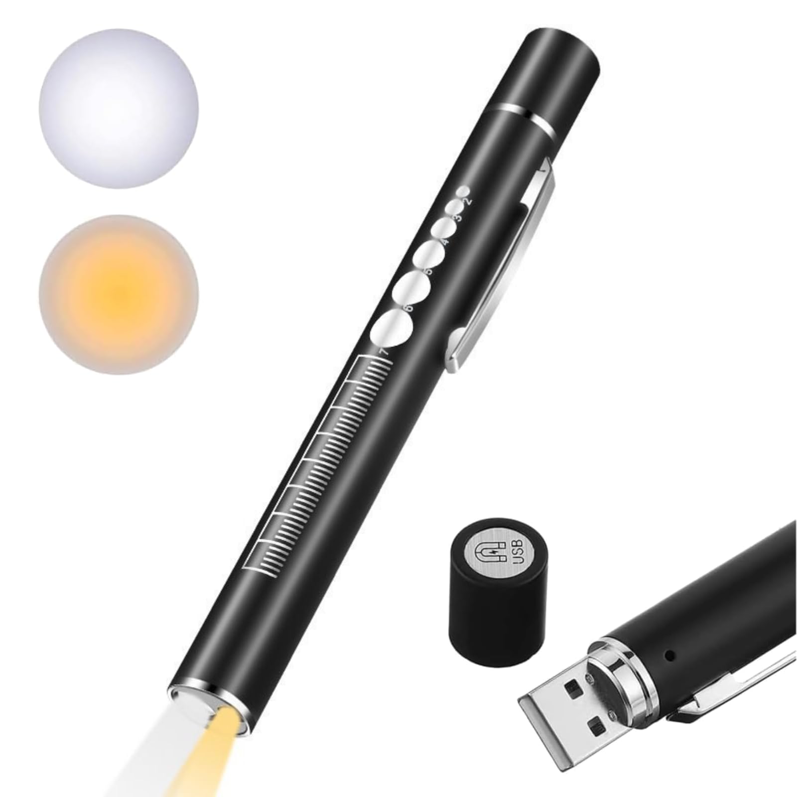 Uadme White Diagnostic Medical Penlight Pen Torch, Usb Rechargeable Reusable Led Pen Light With Pupil Gauge And Pocket Clip For Home Outdoor Doctor Nurse Emt Emergency