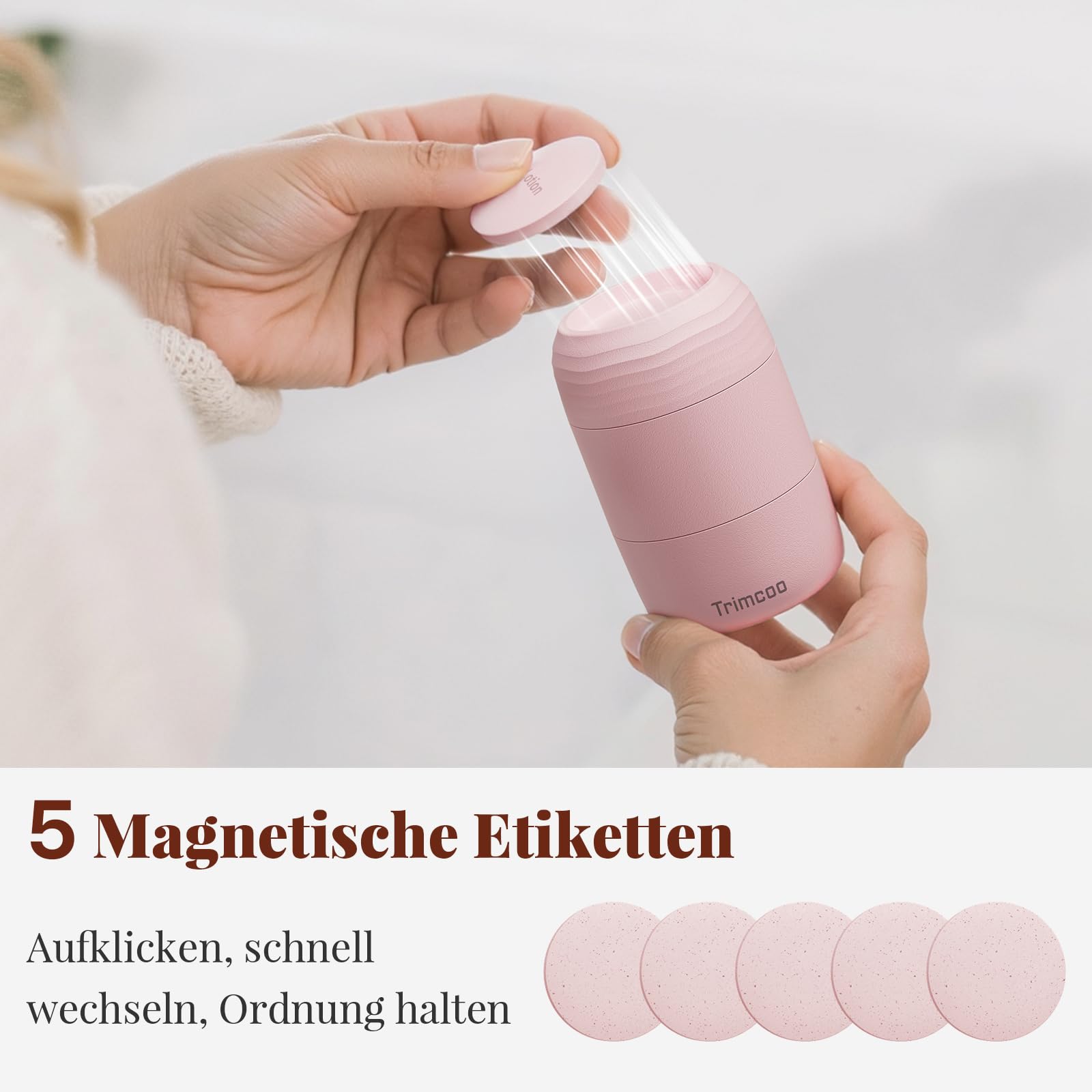 Reise-Toilettenbehälter auslaufsicher, TSA-zugelassene Reisebehälter aus PLA mit 5 magnetischen Etiketten, Weithals-Design, Rosa, 3er Set, 60 ml