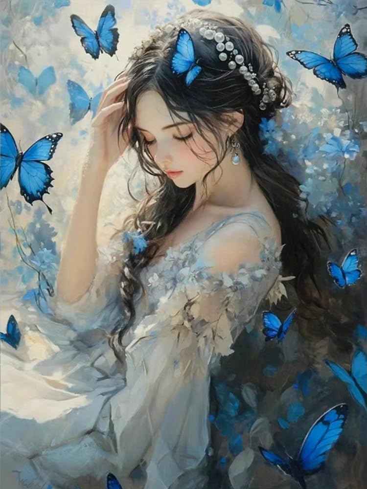 WELIWE Stamped Cross Stitch Kits for Adults 11CT Cross-Stitch Kit for Home Wall Decor DIY Embroidery Kit Needlework Crafts Girl with Butterflies 40x50 cm