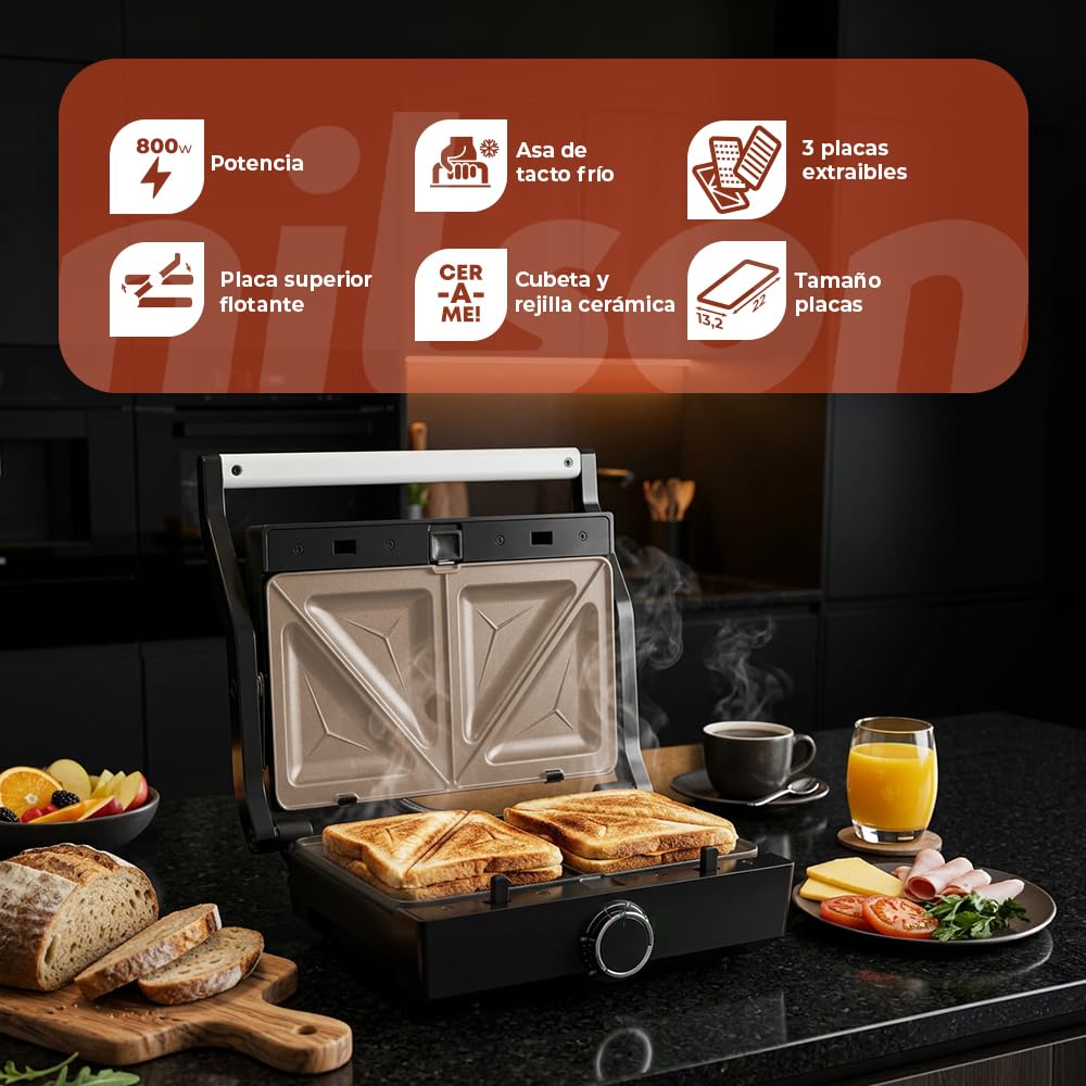 Parrilla Eléctrica Plancha y Sandwichera Doble, 800 W, Prensa, Cocina y Asa, Placas Desmontables, Revestimiento Antiadherente, NPG800EG, Temperatura Max 195º, Negro