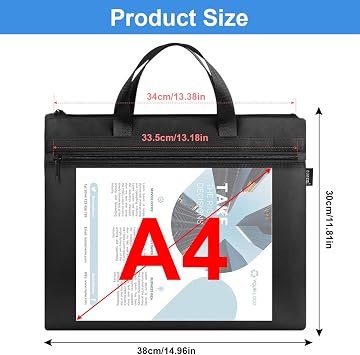 EQLEF A4 Document Bag with Handle, Brifecase Case Zipper Pouch with 2 Pockets Waterproof Oxford Document Storage Bag Meeting Office File Bag School Stationary File Organizer for Men and Women (Black)