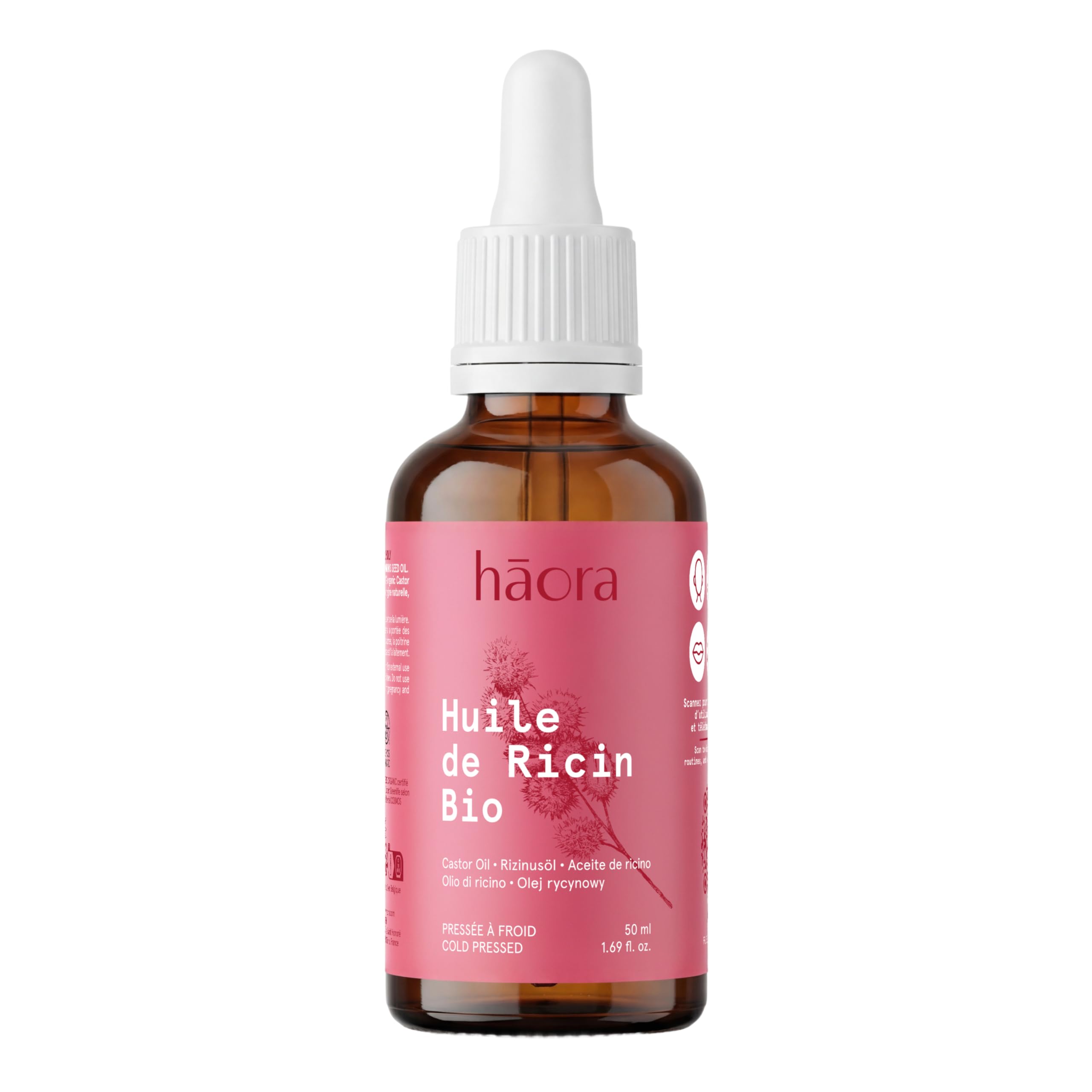 Huile de Ricin Bio 50 ml - 100% Pure et Naturelle - Soin Fortifiant Cheveux, Cils, Sourcils, Barbe & Ongles - Huile Végétale Pressée à Froid - Haora