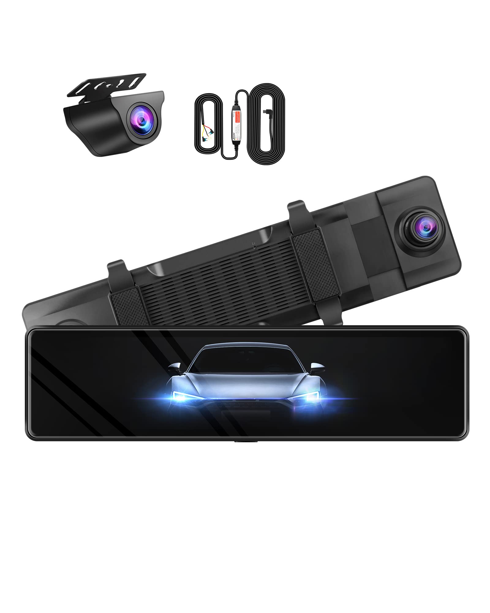 Jansite Mirror Dash Cam installed over a vehicle's rearview mirror, showing the front camera view.