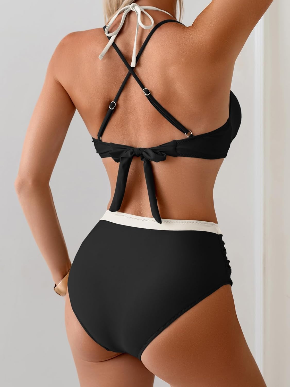 Bikini Sets for Women Halter Color Block Two Piece Swimsuit Tummy Control Bathing Suit V Neck Tie Back Swimwear - Image 3
