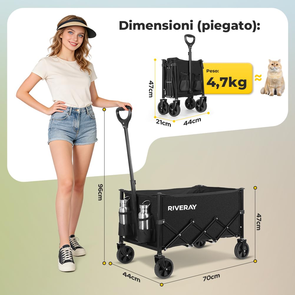 Carrello da Campeggio Pieghevole 120L – Portatile per Trekking ed Escursionismo con Maniglia Regolabile, Portata 100kg per Trasporto Attrezzatura Outdoor