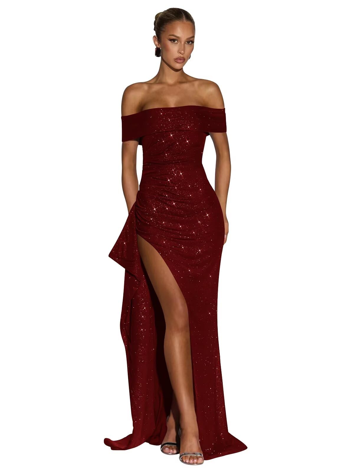 Sparkly Mermaid Prom Dresses with Ruffle with Slit 2026 Off Shoulder Sexy Bodycon Formal Glitter Evening Dress