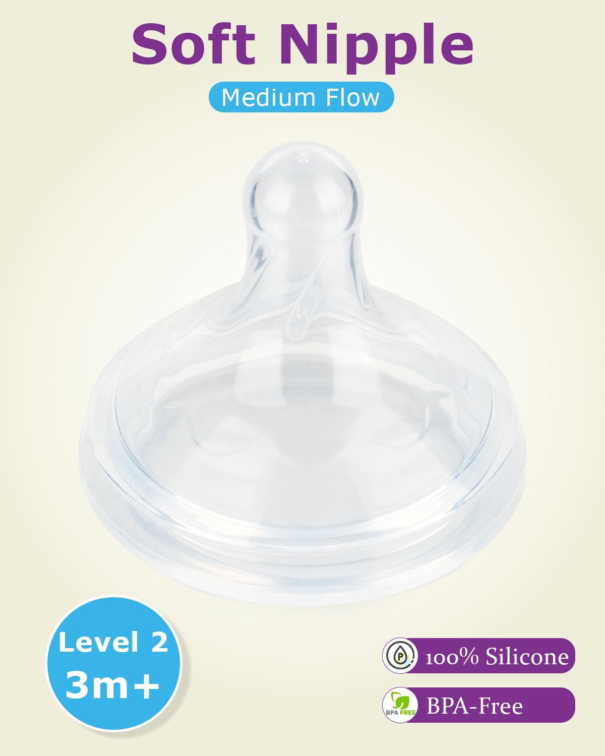 Silicone Nipple for Dr.Brown's Wide-Nick Baby Bottle & Glass Bottles,Level 2 Nipple, Medium Flow, 3m+, 6 Count