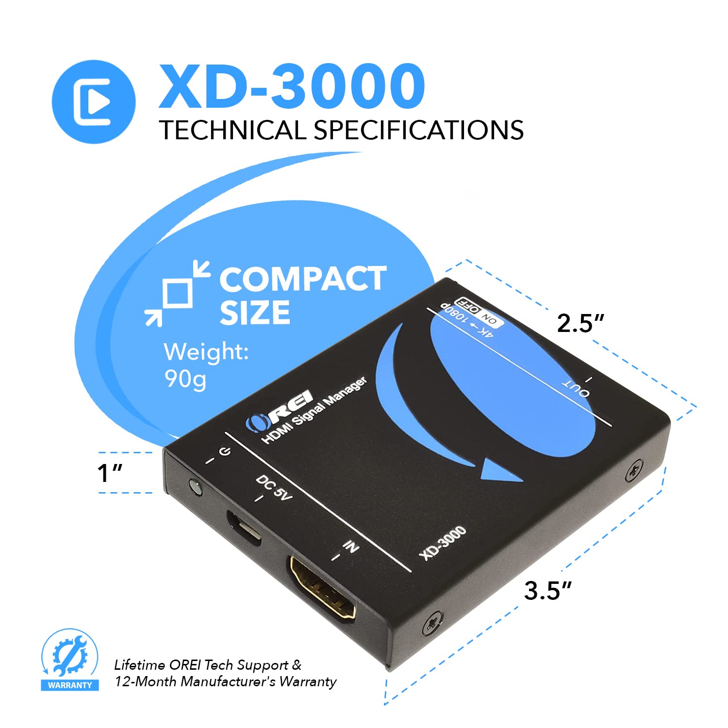 Downscaler HDMI XD-3000 - Convertitore HDMI 2.0 da 18 Gbps con 4K@60Hz (4:4:4), HDCP 2.2, gestione EDID, blocco CEC, alimentazione USB-C