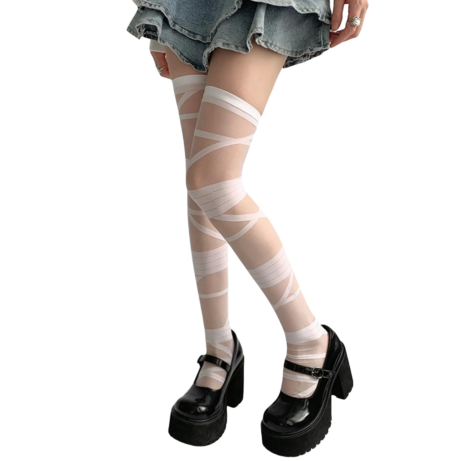 Micfeny Women's White Subcultures Punk Girl Sweet Thin Thigh High Socks Crosses Bandage Pattern Silk Over Knee Long Stockings Hosiery