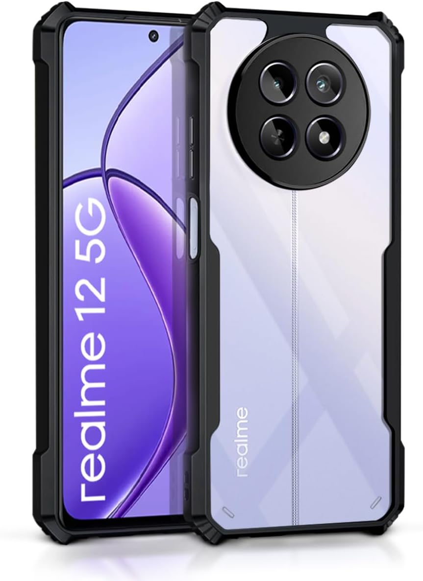 WOW IMAGINE Shock Proof Clear Protective Back Case for Realme 13 5G | Realme 12 5G | 12X 5G | Narzo 70x 5G | C65 5G | N65-360 Degree Camera Protection | Transparent Hybrid Mobile Cover - Black