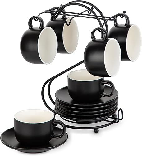 Tazas Expresso de porcelana (4.5 onzas) con platillos y soporte de metal, juego de tazas Henten Home Demitasse para café, capuchino, latte,