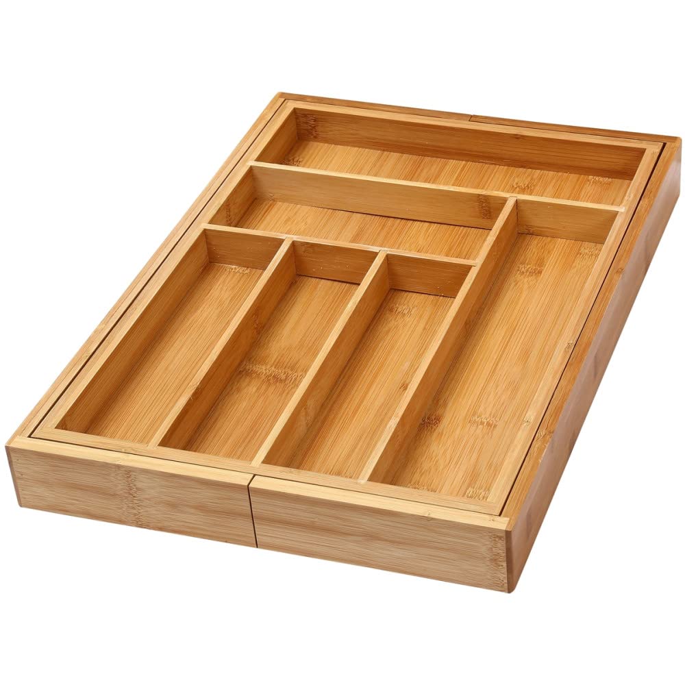 YBM HOME &amp; Kitchen Expandable 6-compartment Kitchen Utensil, Flatware, Cutlery Drawer Organizer Tray Size 18" width (12.5" wide closed), 17." Length, 2" Height. Item No.339