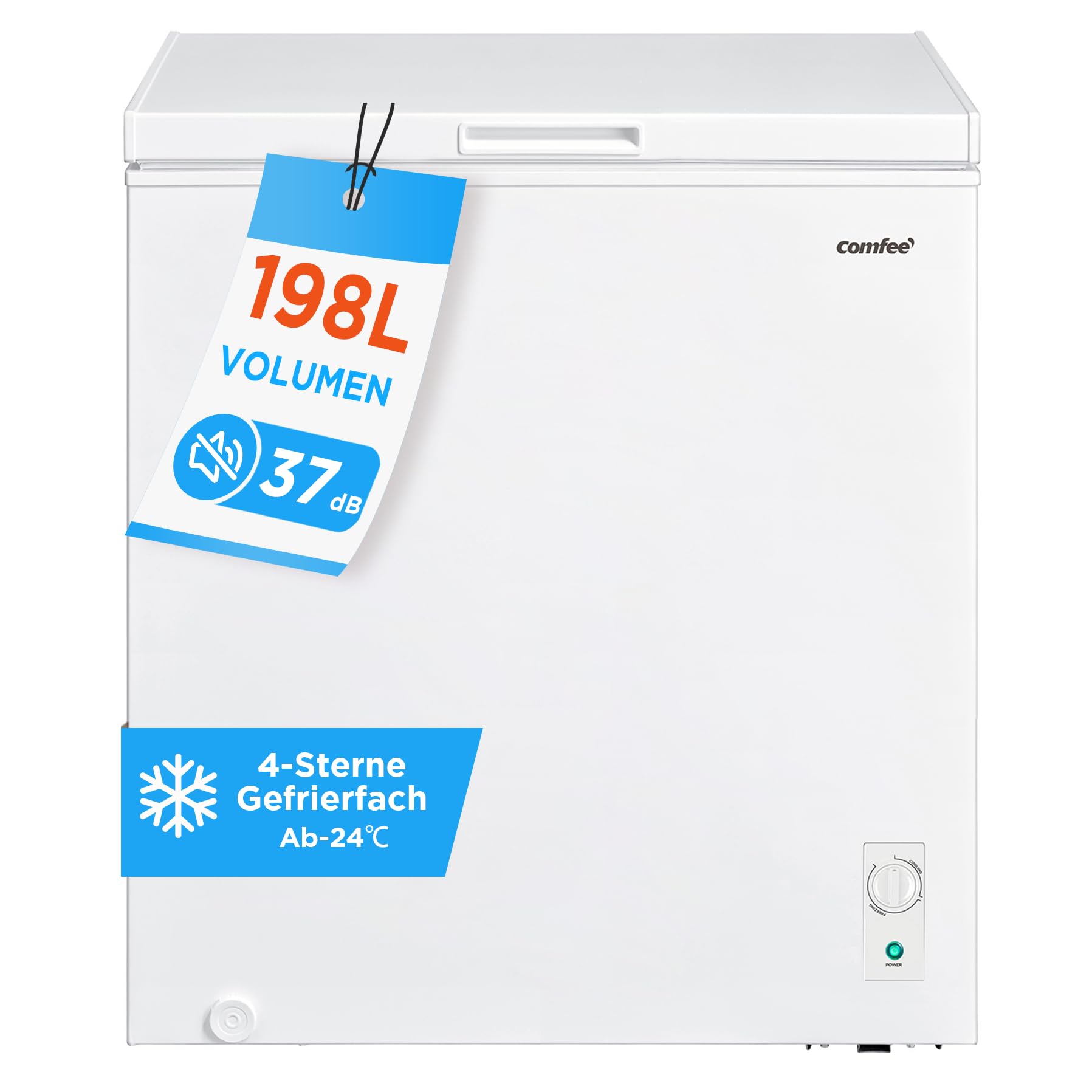 Comfee 198L Gefriertruhe, leise 37 dB, 4-Sterne-Gefrieren, Kühl-/Gefrier-Konvertierung (1–10°C / -24––12°C), 24‑h‑Schnellgefrierung 9kg, Energiesparender Inverter-Kompressor, Aluminium-Innenraum