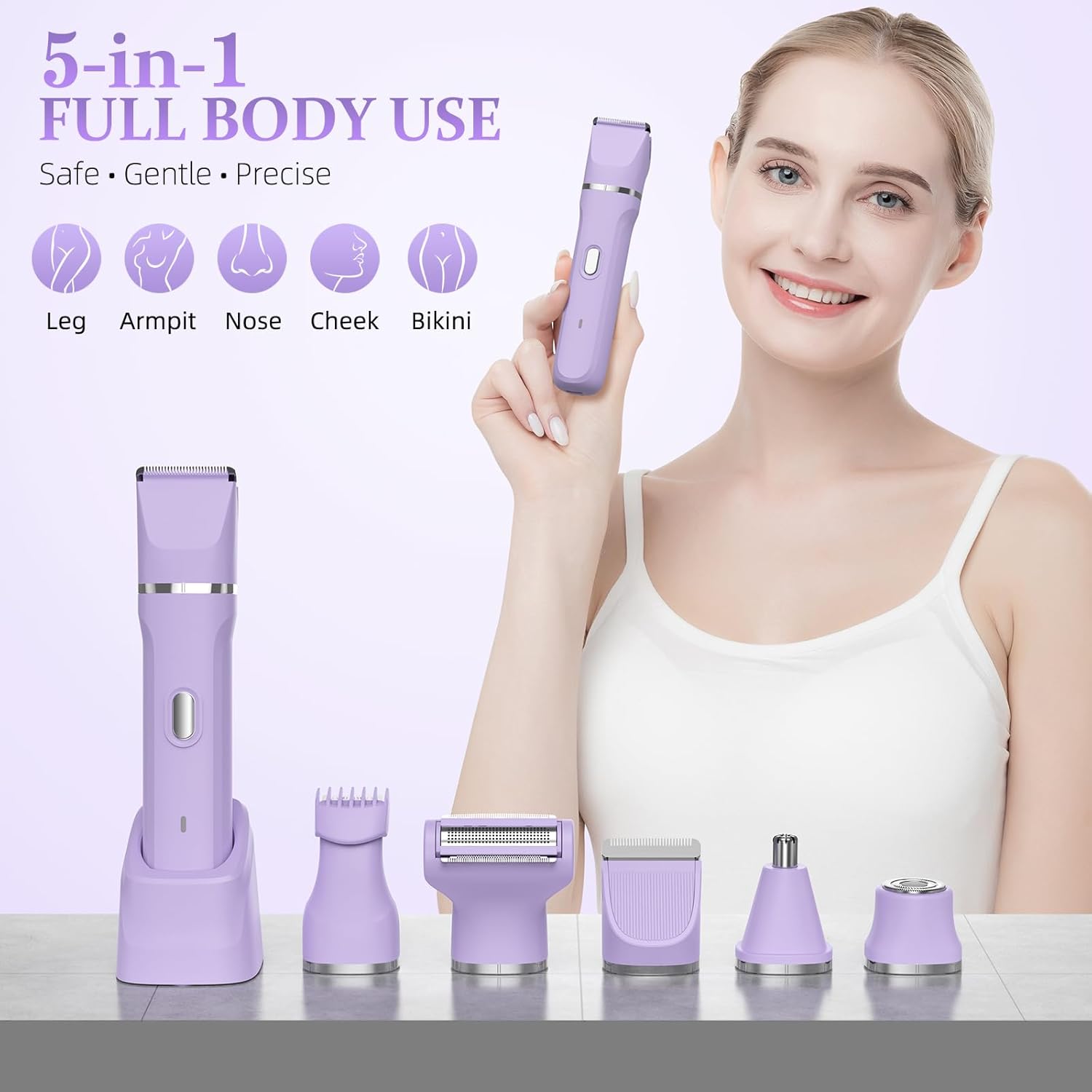 5-in-1 Bikini Trimmer for Women, IPX7 Waterproof Electric Razors Shaver, Cordless Body Hair Trimmer, Facial & Pubic Hair Removal, Ceramic Blade (Purple) - Image 6