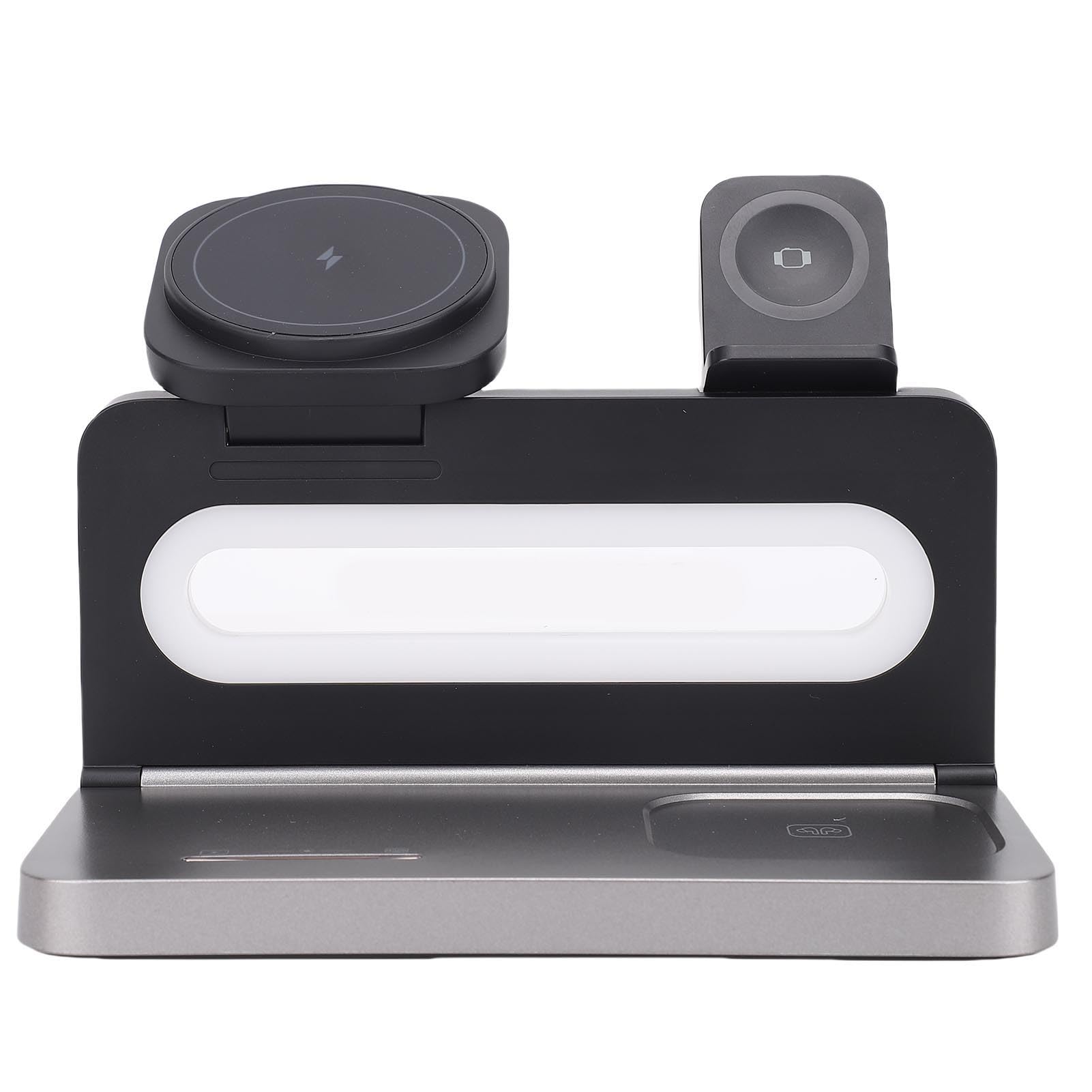 Generic Charge Rapide de 15W 4 en 1 Station de Chargeur sans Fil Magnétique pour Casque de Montre de Téléphone, Charge Plusieurs Appareils avec Lumière Nocturne, Support de Rotation à