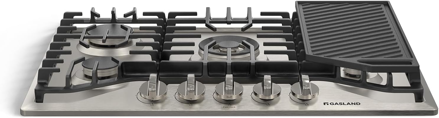 - GASLAND 30 Inch Gas Cooktop, PRO GH3305SF 5 Burner Propane Stovetop with Reversible Cast Iron Grill/Griddle, Gas Countertop Plug-in, NG/LPG Convertible Cooktops, Stainless Steel