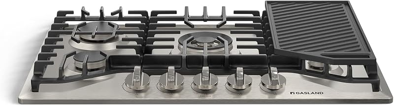 Gas Cooktop 30 Inch, PRO GH3305SF 5 Burner Propane Stovetop with Reversible Cast Iron Grill/Griddle, Gas Countertop Plug-in, NG/LPG Convertible Cooktops, Stainless Steel | Propane Stovetop, Gas Countertop Plug-in, NG/LPG Convertible Cooktops, Stainless Steel