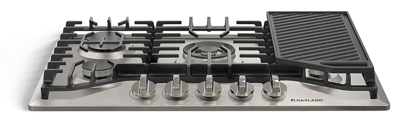 GASLAND Gas Cooktop 30 Inch, PRO GH3305SF 5 Burner Propane Stovetop with Reversible Cast Iron Grill/Griddle, Gas Countertop Plug-in, NG/LPG Convertible Cooktops, Stainless Steel