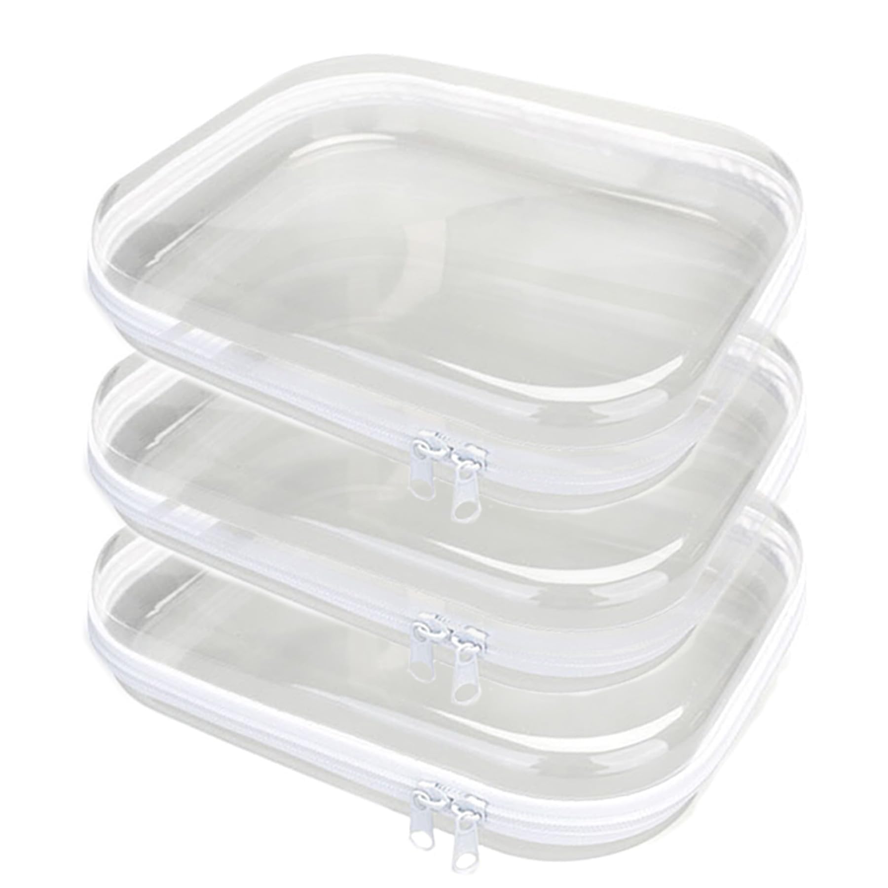 3PCS Clear Hard Plastic Zipper Case, Double Zippers Hard Pouch, Portable Travel Organizer Bin Clear Makeup Bag for Toy Storage, Snack Bag, Cosmetics,