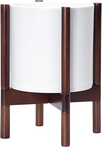 D'vine Dev Maceta con soporte, maceta cilíndrica de plástico de 10 pulgadas con soporte para maceta de madera para interiores, color blanco, 75-D-M-1