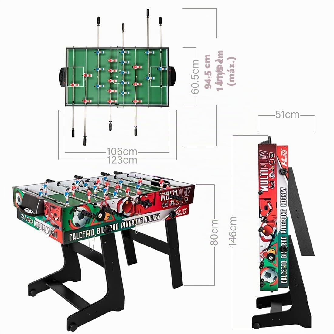 HLC Mesa Multijuegos 4 en 1 Plegable Fútbol Billar Snooker Tenis de Mesa Hockey