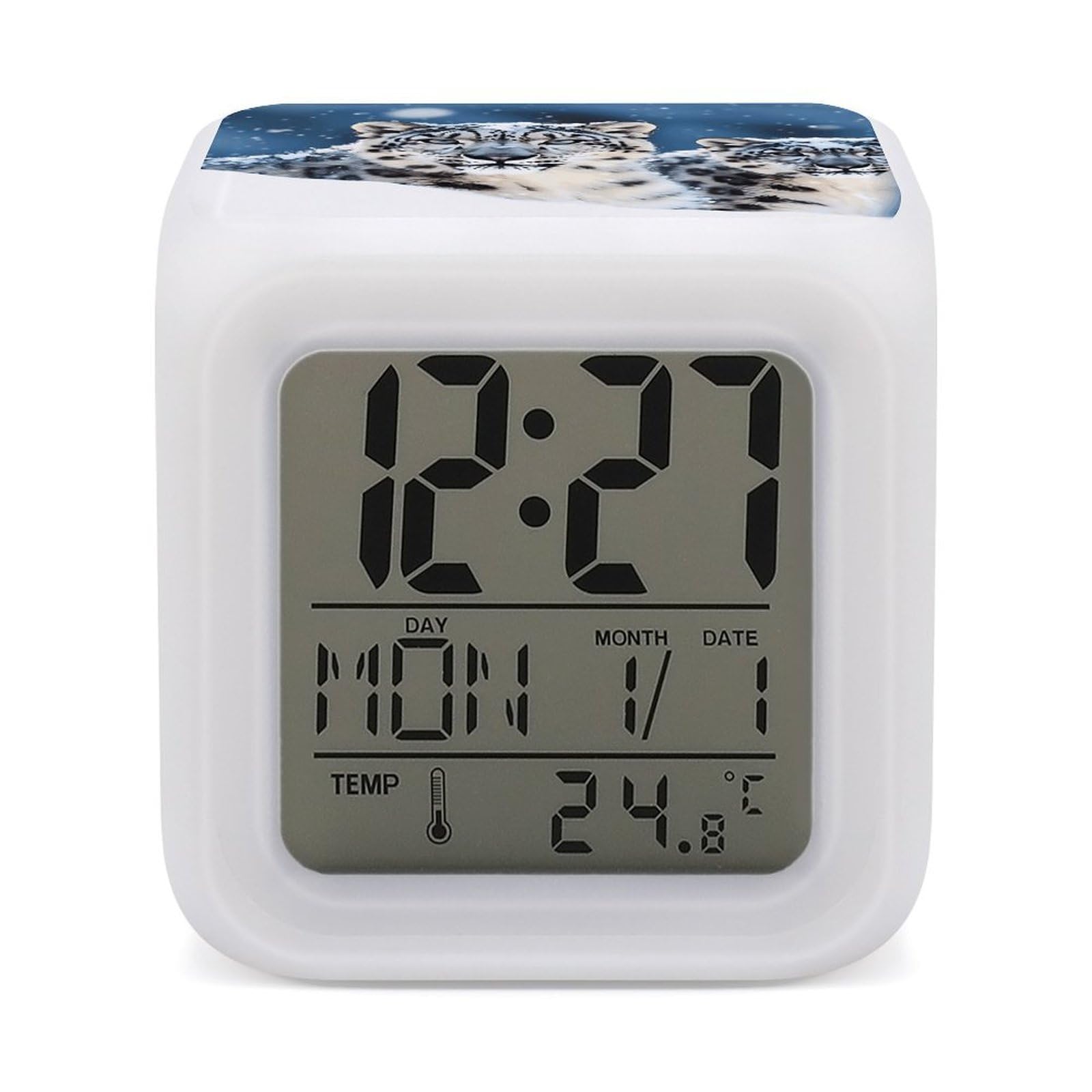 VstaDank Blue Eyed Snow Leopard Digital Alarm Clock LED Display Screen Color Change Alarms Clock Smart Alarm Clock Wake Up Digital Clocks with 7 Color Nightlight for Bedroom