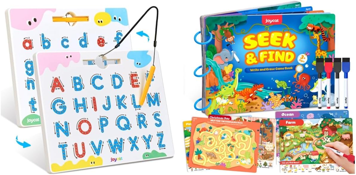 JoyCat Seek & Find Game Books + Magnetic Letter Tracing Board, 2-in-1 Double-Sided ABC Magnets for Kids Ages 3-5, Uppercase & Lowercase Letter Writing Practice