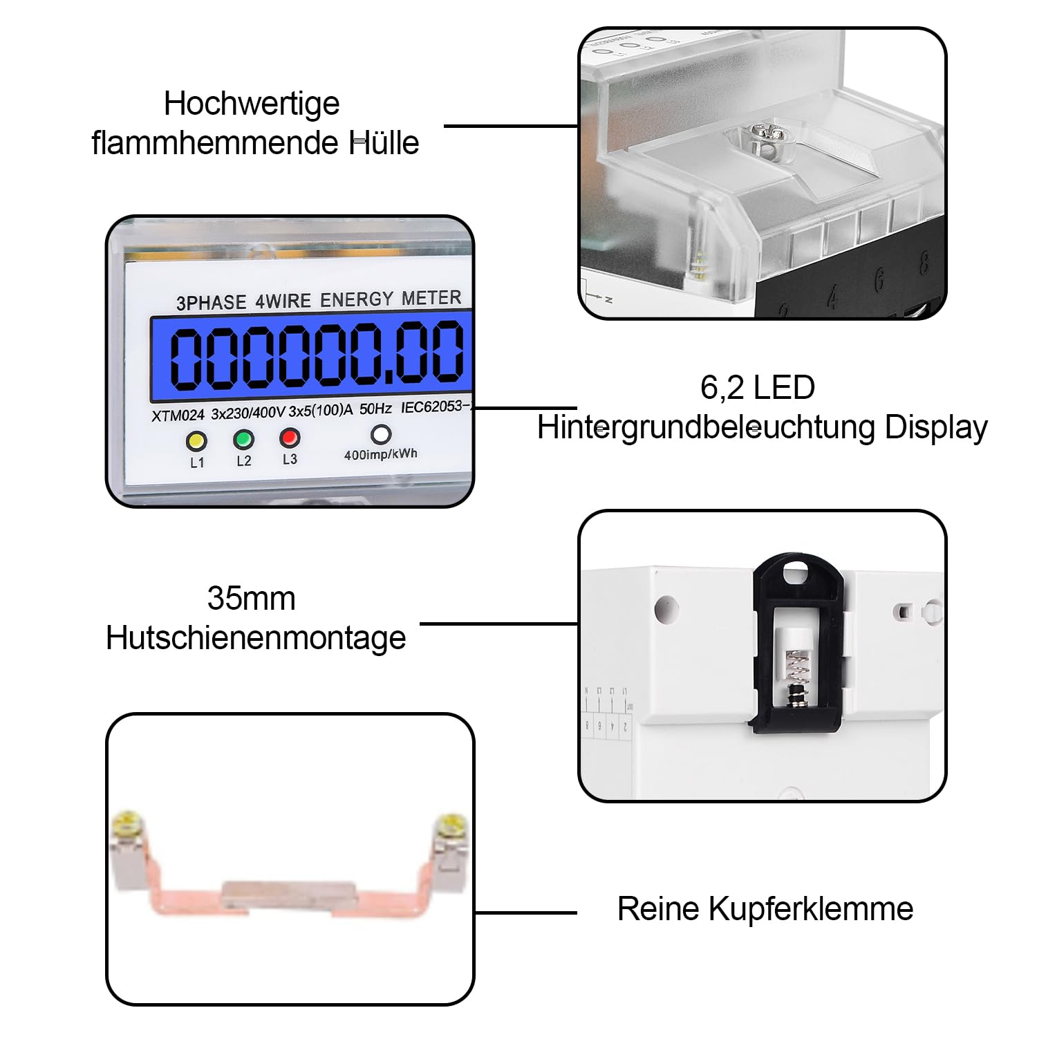 Three-Phase Counter, 3 Phase 4 Conductors, 3 X 230 V/400 V, 5