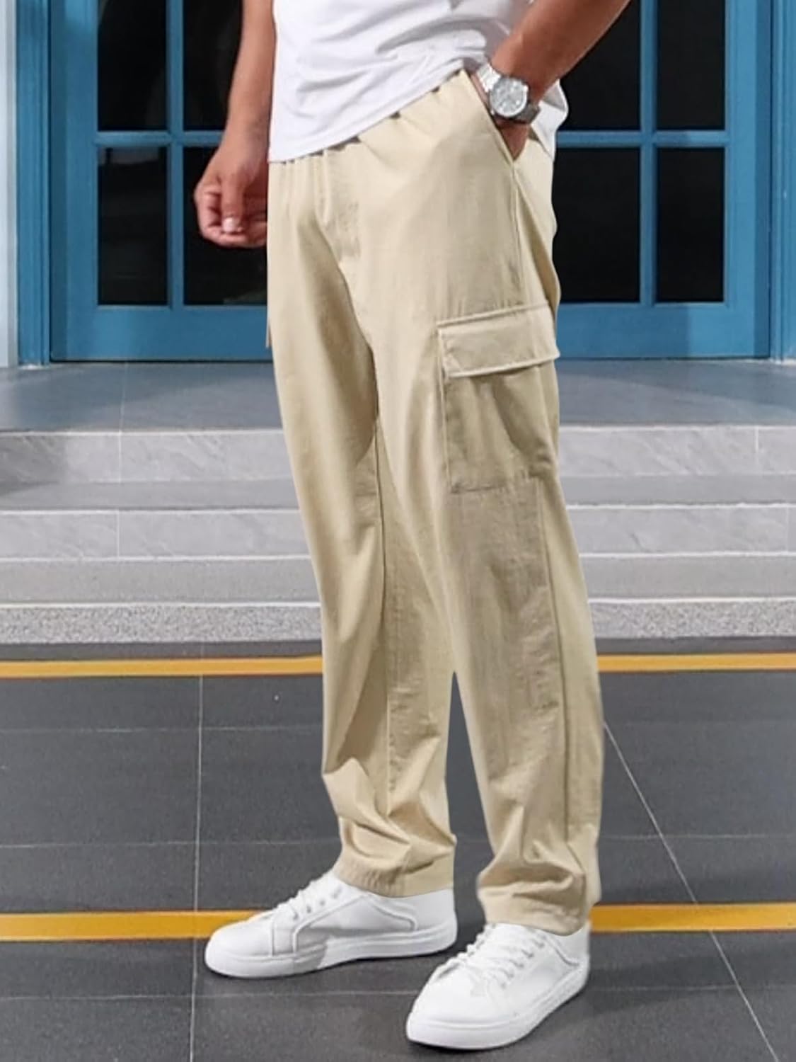 Mens Casual Cargo Pants Summer Vacation Lightweight Drawstring Pants Elastic Waist Beach Yoga Trousers with Pockets - Image 5