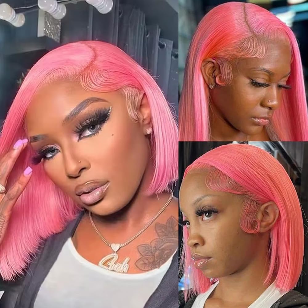 Pink Bob Wig Human Hair 10 Inch Straight 13X4 HD Transparent Dark Pink Bob Lace Front Wigs Human Hair Wear and Go Glueless Wig Pre Plucked With Babyhair Short Bob HD Lace Frontal Wigs For Black Women
