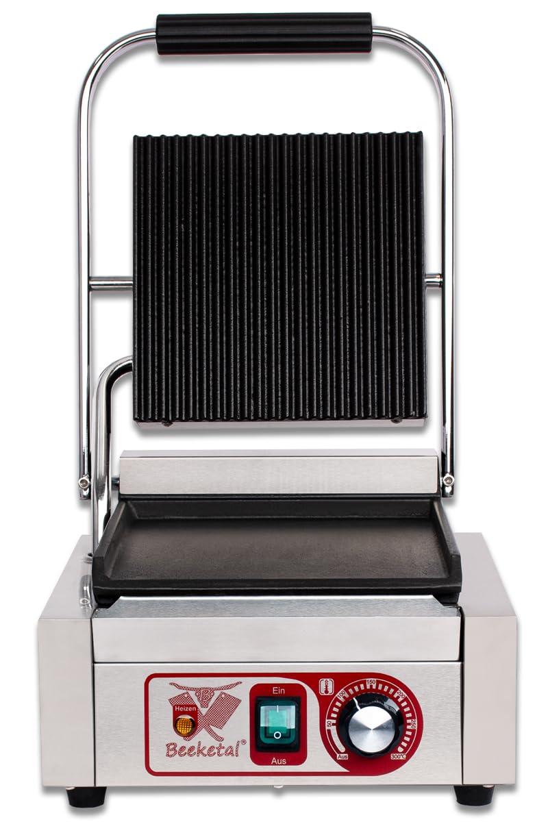Beeketal 'BKG2' Gastro Kontaktgrill mit Gusseisen Grillpatten (oben gerillt unten glatt) mit Fettauffangschale, Profi Edelstahl Elektrogrill ideal als Panini Grill Maker oder Sandwich Toaster