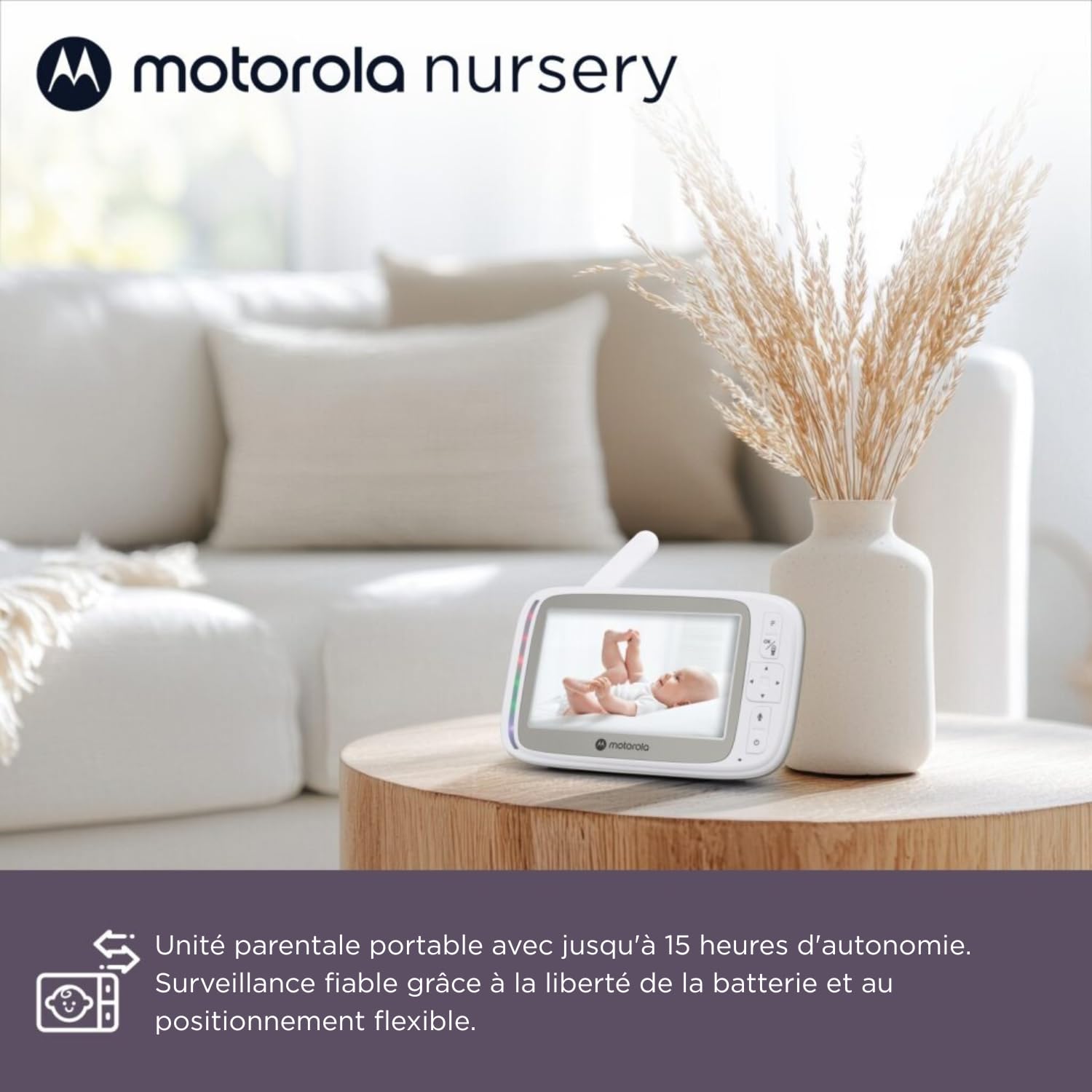 Motorola Nursery Babyphone VM45 CONNECT avec caméra Wi-Fi et écran 5 pouces, vision HD 720p, conversation bidirectionnelle, contrôle de la température, support de berceau Stargrip, longue portée