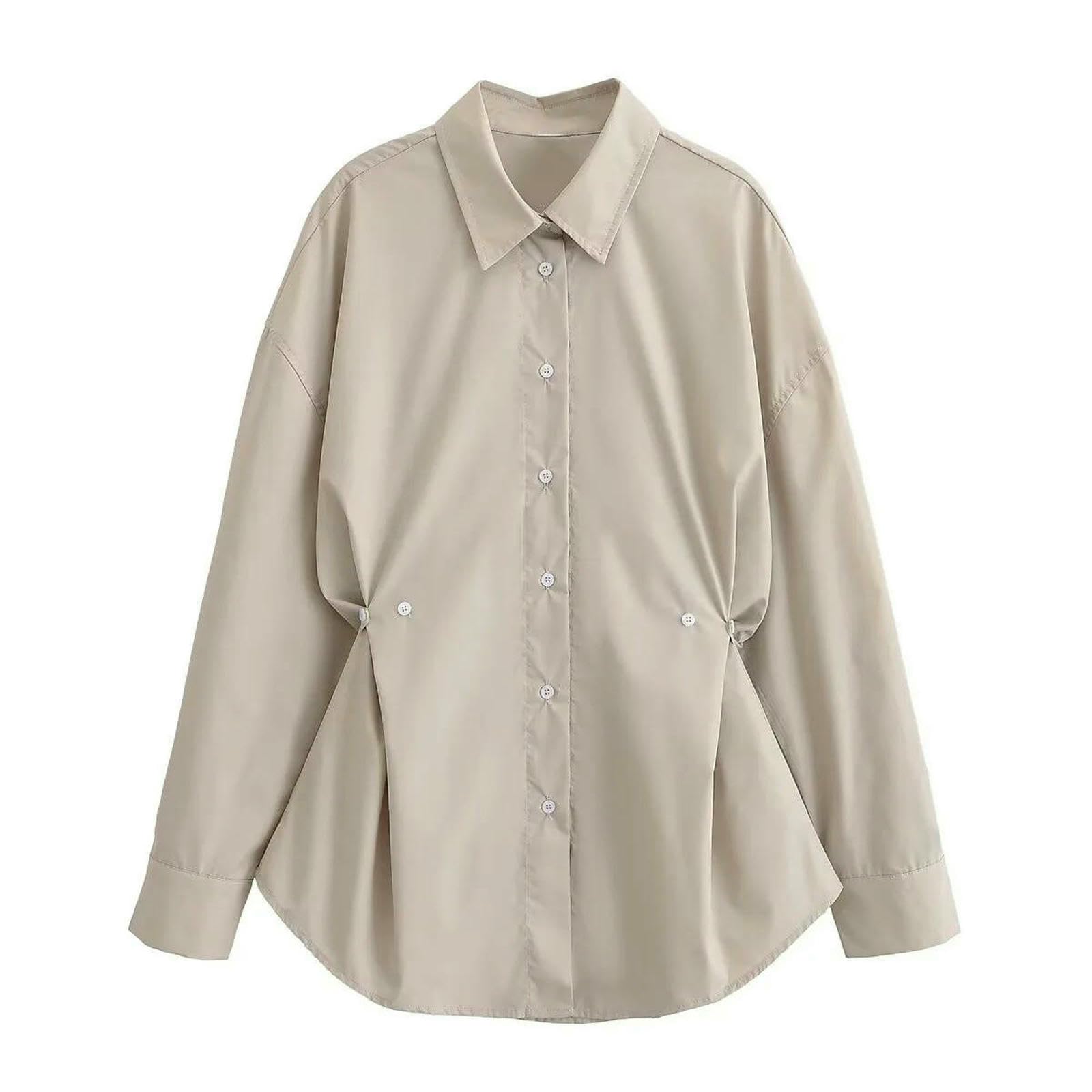 Camicia Donna Ampia con Cuciture Monopetto A Maniche Lunghe Risvolto Regolabile in Vita da Autunnale-Cachi-m