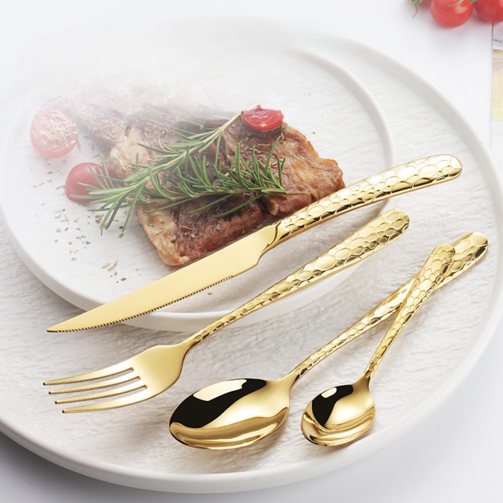 Juego de Cubiertos de Acero Inoxidable con Mango de Serpiente Forjado, vajilla de Cocina, Cubiertos, Cuchillo, Tenedor, Cuchara y cucharilla (Plata, 16 Piezas)