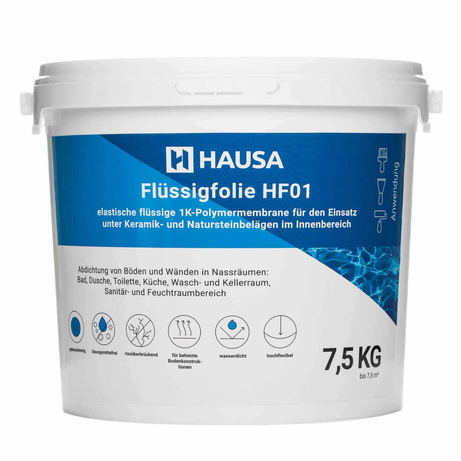 HAUSA HF01 Film Liquide pour l'Intérieur Étanchéité de Douche de Salle de Bain Membrane Polymère Élastique Liquide Monocomposant Masse d'Étanchéité Film d'Étanchéité Bleu 7,5kg à 7,5m2