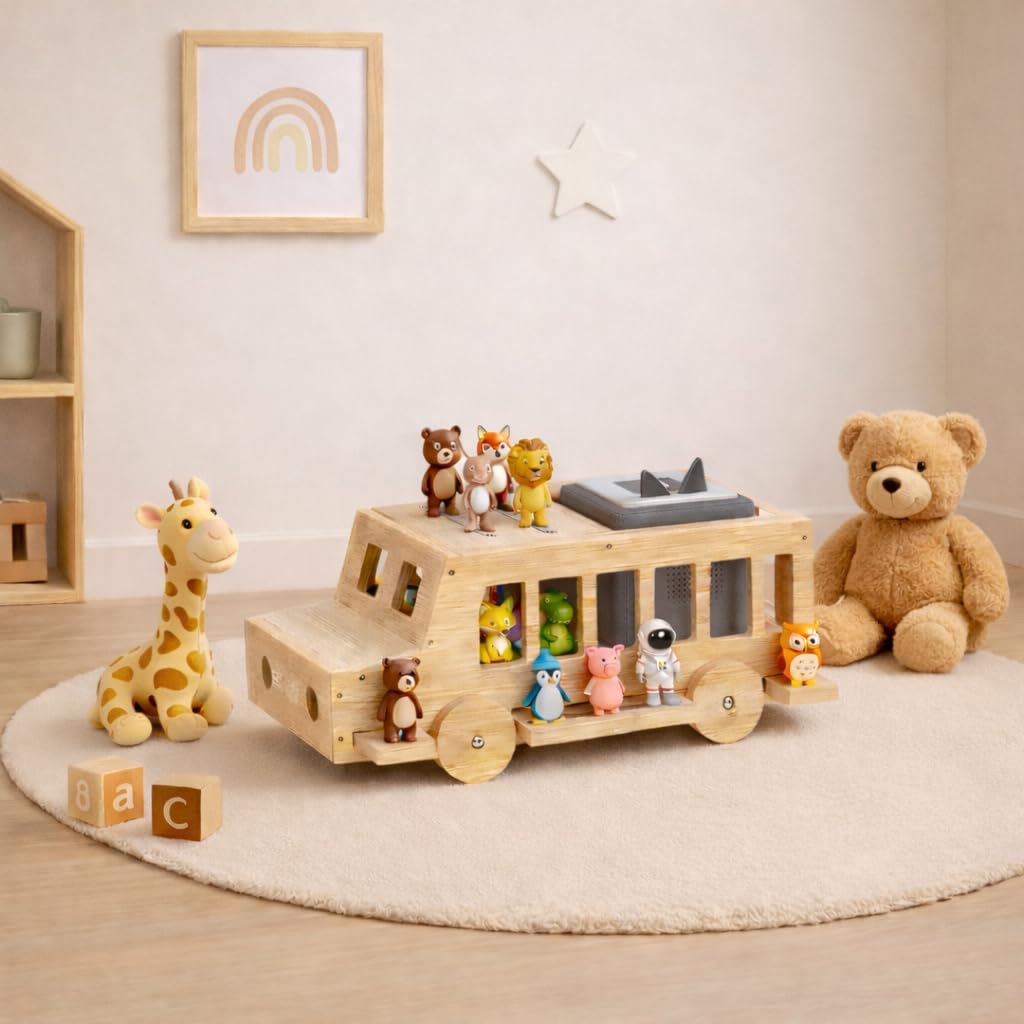 Todeco Étagère Magnétique à Poser, pour Tonies et Toniebox, Bus 3D | 20-30 Tonies, Bande Magnétique Renforcée, Compatible avec Station de Charge, Matériel de Montage Inclus, Bambou Robuste