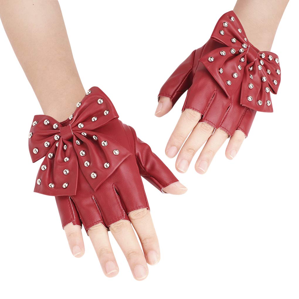 FakeFace Damen Herren Fingerlos Handschuhe mit Schleife Punk Hip Hop Half-Fingerhandschuhe Fäustlinge aus PU Leder für Bühnenauftritte, Party, Club, Festivals, Halloween (A-Rot) Fashion