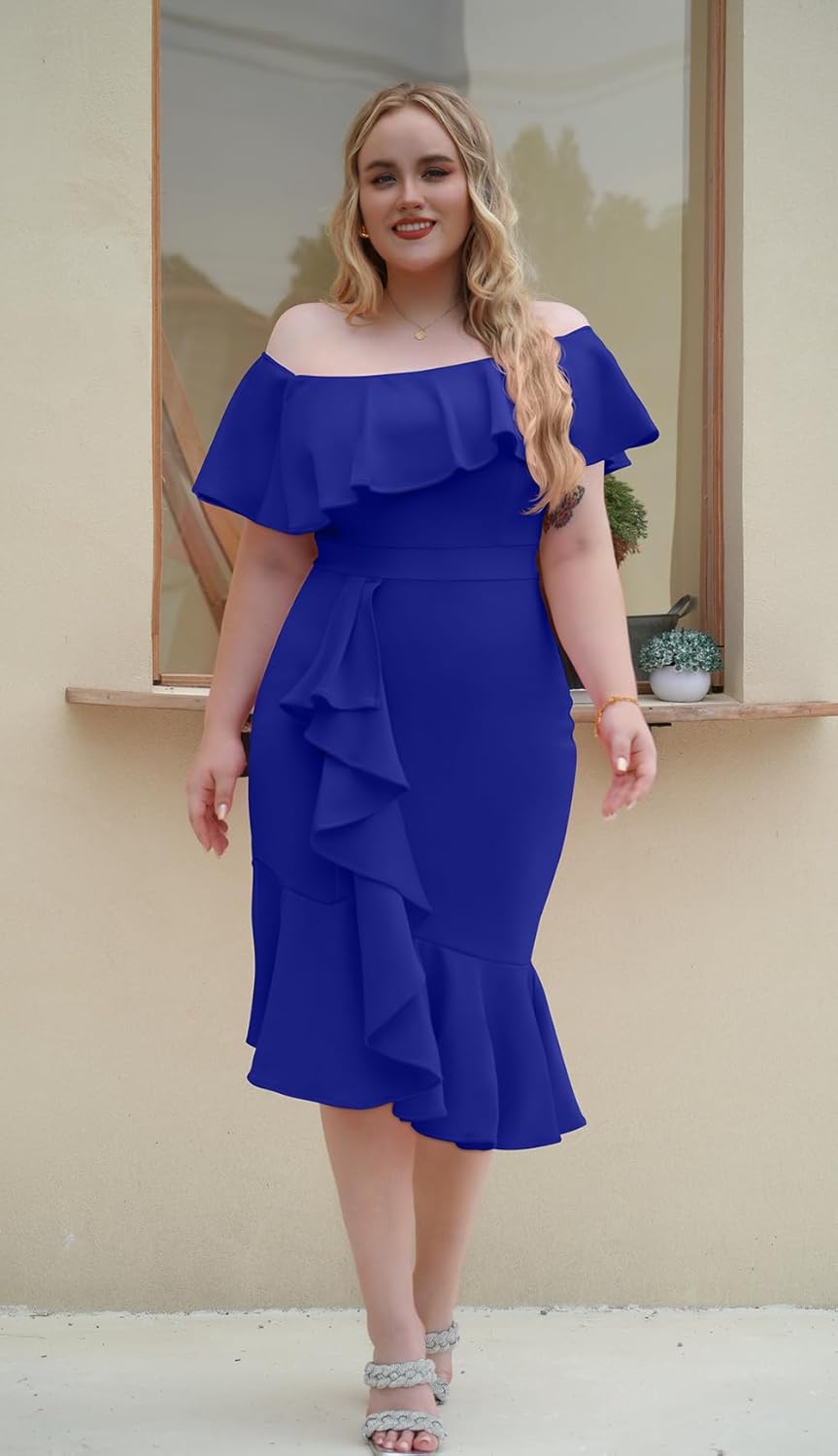 GOBLES Women's Elegant Off The Sholder Back Zipper Ruffles Bodycon Midi Cocktail Dress - Image 5